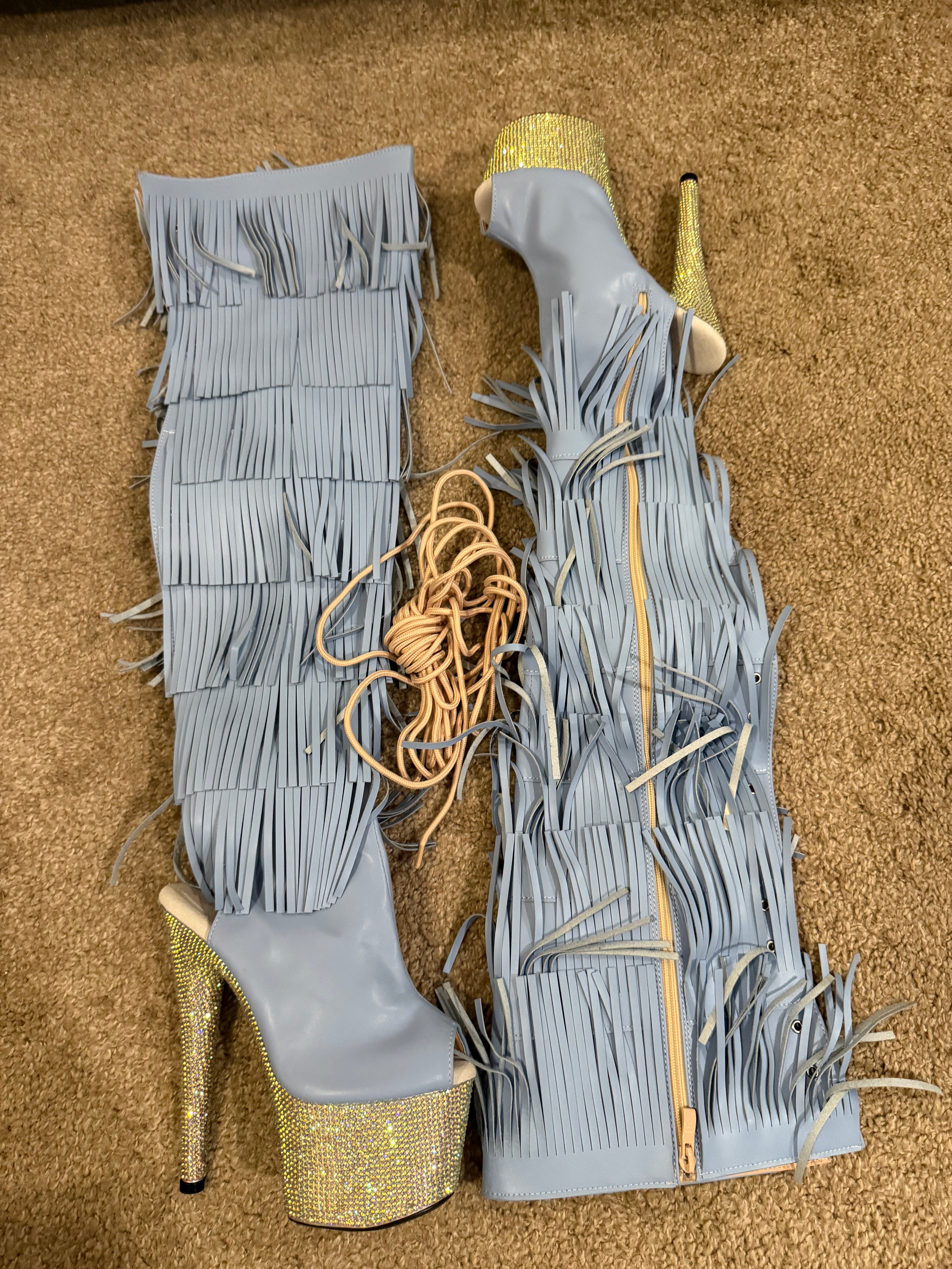 Blue Tassel Thigh High Boots