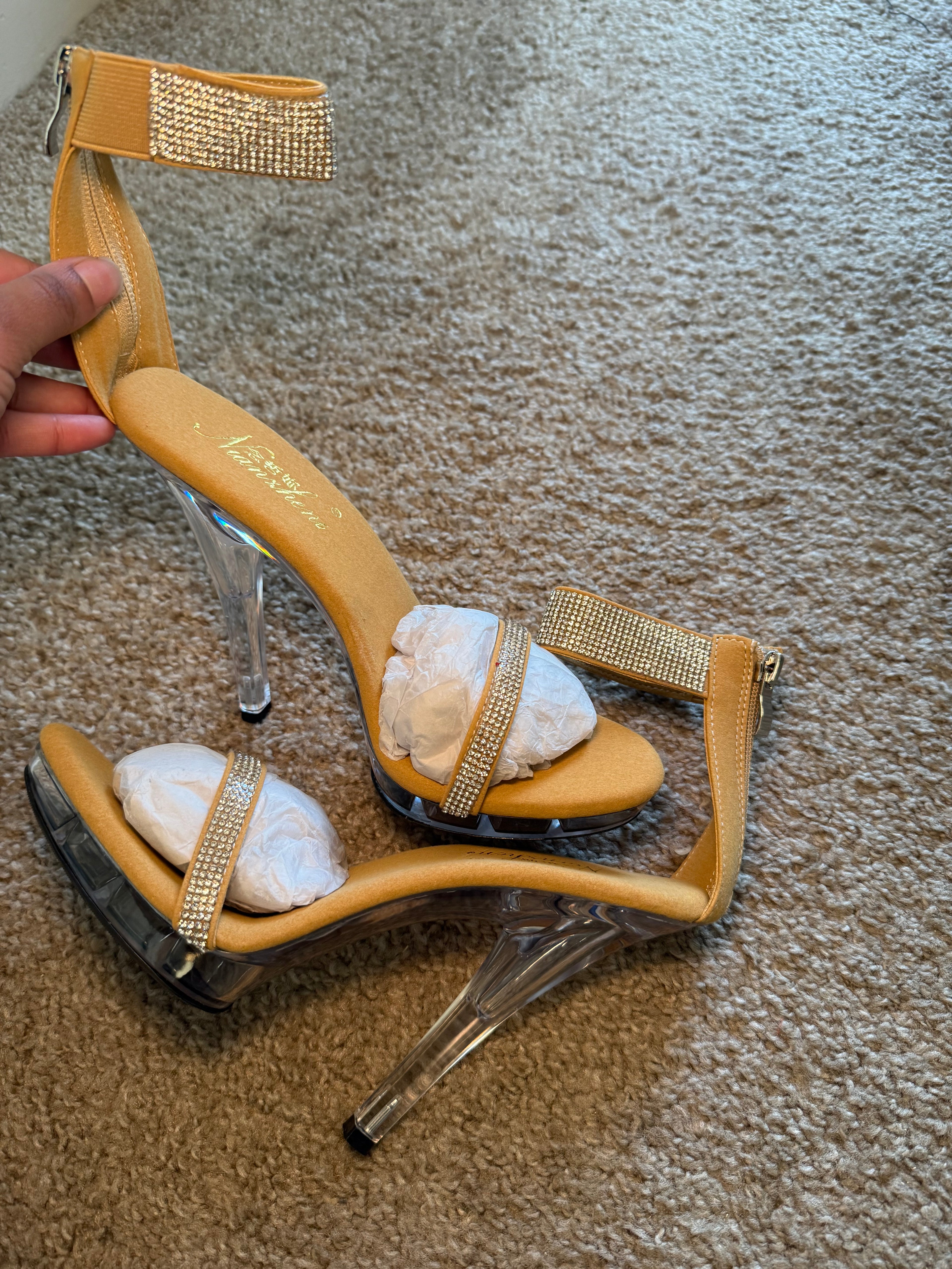 Yellow/Tan Kitten Stiletto Heels